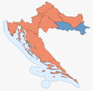 Результаты выборов в каждом из десяти избирательных округов Хорватии: партия с большинством голосов в каждом избирательном округе HDZ: синий; SDP: красный