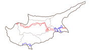 Северная часть острова в настоящее время не контролируется Республикой Кипр, так как де-факто находится под контролем Северного Кипра. Красным выделена буферная зона ООН, а синим — зона суверенных баз Великобритании.