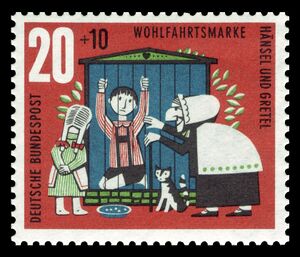 Postage stamp showing Hansel imprisoned in a cage with the evil stepmother and Gretal standing outside.