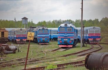 Дизель-поезда ДДБ1 тепловозной тяги типа «тяни-толкай». В середине — поезда со стороны тепловозных секций 2М62У, по краям — со стороны головных вагонов