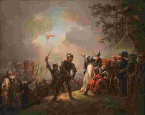 Даннеброг падает с неба во время битвы при Линданисе. Картина Кристиана Августа Лорентцена, 1809 год.