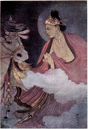 Horse and man standing and looking at each other, both extensively decorated with jewelry, man wearing cape