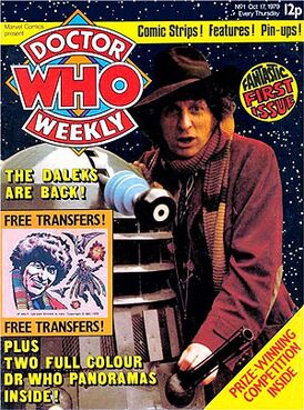 Выпуск Doctor Who Weekly №1 (октябрь 1979) с Четвёртым Доктором и далеком на обложке.