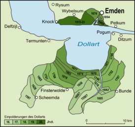 Карта бухты Долларт и польдеров с годами их осушения.