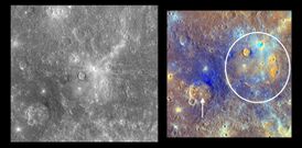 Бассейн кратера Гомер отмечен белым кружком на цветном снимке. Стрелкой отмечен находящийся поблизости кратер Тициана