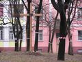 Деревянный крест, установленный на строительной площадке на бульваре Пушкина. Когда строители продолжили работу, «оранжевые» объявили, что снесён единственный в Донецке «памятник голодомору»