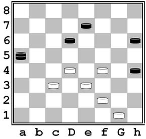 При очереди хода черных взятие дамкой должно быть таким: a5:e1:g3:e5 (шашку белых d4 дамка побить не может, т.к. шашка c3, так же, как и шашки f2 и f4, снимаются с доски лишь по окончании хода), после чего белые играют d4:d8