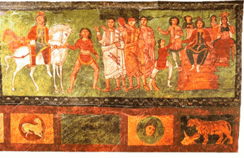 Часть фрески в синагоге Дура-Европос, иллюстрирующая сцену из Книги Есфирь