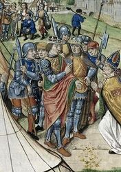 Солдаты с различными секирами, включая фошар и глефу. Миниатюра рукописи «Больших французских хроник», 1487 г.