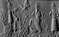 Аккадская цилиндрическая печать где-то около 2300 года до н. э. или около того, изображающая божества Инанна, Уту, Энки и Исимуд