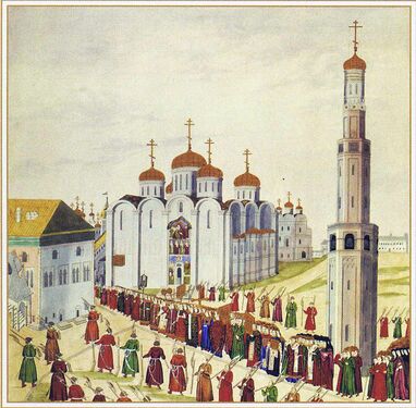 Шествие 3 мая 1613 года по территории Московского Кремля в Успенский собор. Миниатюра из Книги об избрании на превысочайший престол. 1672—1673 гг.