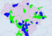 Национальные волости в Юньнани, Сычуани, Гуйчжоу. Светло-зелёный — и. Синий — мяо.