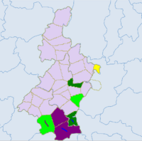 Национальные волости в Цюйцзине, Юньнань. Светло-зелёный — и. Синий — мяо. Красный — чжуан. Тёмно-зелёный — буи. Жёлтый — шуй.