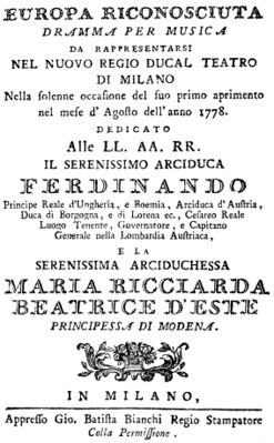 Афиша 1778 года для премьеры Признанной Европы