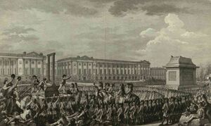 Смертная казнь Людовика XVI — 21 января 1793 года, в месте известном теперь как «Площадь Согласия», перед пустым постаментом статуи Людовика XV.