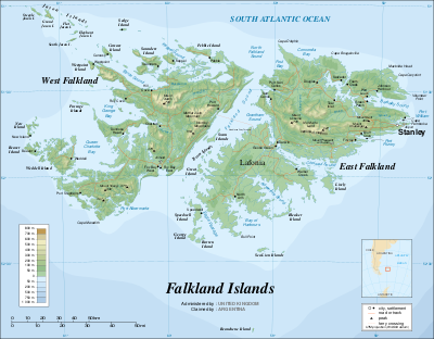 Карта Фолклендских островов с англоязычными названиями