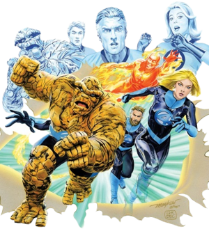 Фантастическая четвёрка на варианте обложки Fantastic Four vol. 6 (Август, 2018) Художник — Майк Мэйхью Слева направо: Существо, Человек-факел, Мистер Фантастик и Невидимая леди