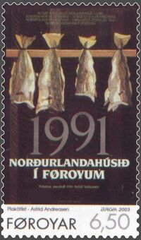 Почтовая марка Фарерских островов работы А. Андреасен: «Просушка рыбы», 1991 (из серии «Плакатное искусство», FO 440, 2003)