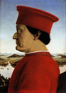 Портрет Федерико да Монтефельтро работы Пьеро делла Франческа, 1472. Федерико потерял глаз на рыцарском турнире, поэтому всегда позировал в профиль.