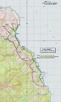 map of New Guinea coast with arrows indicating route taken by the Australian advance.