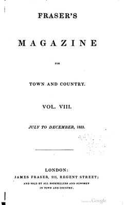 Fraser’s Magazine, титульный лист т. VIII (июль — декабрь 1833). В декабрьском номере был впервые опубликован роман Томаса Карлейля Sartor Resartus