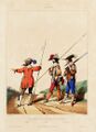 Французский гвардейский пехотный полк: сержант, пикинёр, мушкетёр 1630 год, рисунок 1830 года.