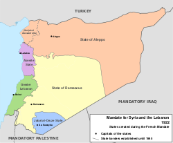 Французский мандат в Сирии и Ливане. Александреттский санджак отделен штриховой линией