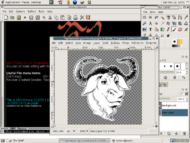 Снимок рабочего стола операционной системы, основанной на GNU (показаны среда GNOME, редакторы GIMP и Emacs)