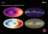 По данным финальной версии каталога Gaia DR3, четыре карты галактики Млечный Путь: лучевая скорость (cверху слева), собственное движение (внизу слева); межзвездная пыль (cверху справа); и металличность (внизу справа).[44]