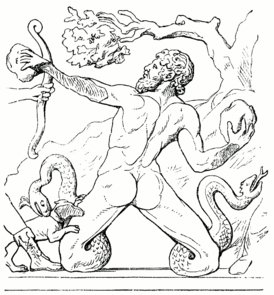 Гигант Гратион, сражающийся с Артемидой. Перерисовка с барельефа.