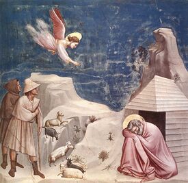 Ангел является к Иоакиму во сне с вестью, что его жена святая Анна родит ему дочерь. Джотто, фреска в капелле Скровеньи в Падуе.