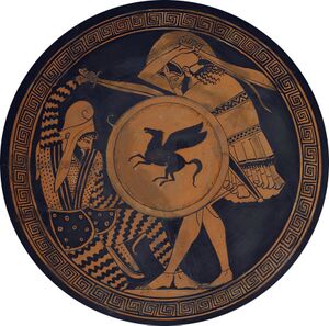 Греческий гоплит и персидский воин сражаются друг с другом. Национальный археологический музей Афин