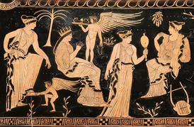 Евринома, Гимерос, Гипподамия, Эрот, Иасо и Астерия на краснофигурной вазе, около 400 года до н. э.