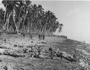Мёртвые японские солдаты, погибшие во время атаки на позиции морской пехоты США, лежащие на пляже в устье бухты Аллигатор, Гуадалканал после боя 21 августа 1942 года.