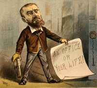 Карикатура на Гито. На плакате, который он держит, написано: «Должность или жизнь!»