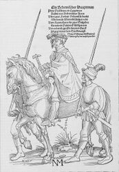 Капитан в сопровождении двух телохранителей с альшписами. Обращает внимание необычно большая длина наконечников, превышающая длину древка. Гравюра 1529 г.