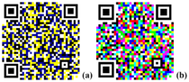 Примеры цветного двухмерного кода большой емкости (HCC2D): (a) 4-цветный код HCC2D и (b) 8-цветный код HCC2D.
