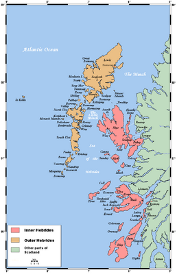 Гебридские острова. Розовый цвет — Внутренние, оранжевый — Внешние Гебриды