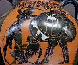 Геракл сражается с Герионом (на земле умирающий Эвритион). Аттическая чернофигурная вазопись. Ок. 540 г. до н. э. Лувр