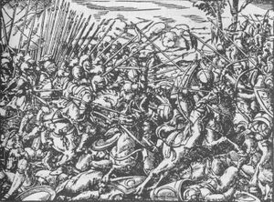 Битва между московитами и новгородцами на итальянской гравюре