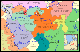 Герцогство Вестафалия и другие западные немецкие государства в 1645 году.