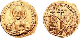Номисма Иоанна I Цимисхия. На реверсе — император, благословляемый Богородицей, на аверсе — образ Христа