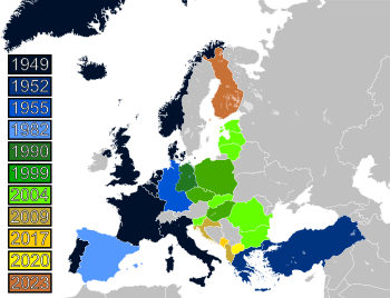 Карта Европы с восьми цветов, которые относятся к году разные страны присоединились к альянсу.