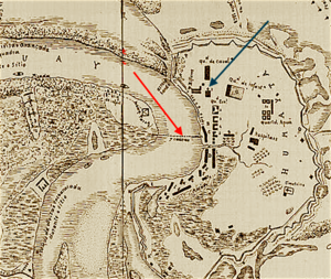 План крепости Умайта. Красная стрелка указывает на положение цепей; синяя стрелка - на церковь.