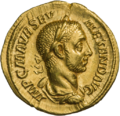 Север Александр (222—235). Ауреус. Рим. Аверс. Бюст Севера Александра в плаще, вправо; на голове лавровый венок.
