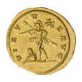 Аврелиан (270—275). Ауреус. Рим. Реверс. Марс идёт, влево; в руках держит копье и трофей.