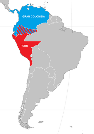 Перу и Великая Колумбия в 1828 году. Спорная территория заштрихована.