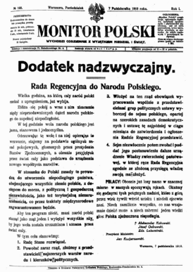 "Monitor Polski" от 7 октября 1918 года с Декларацией независимости Польши.