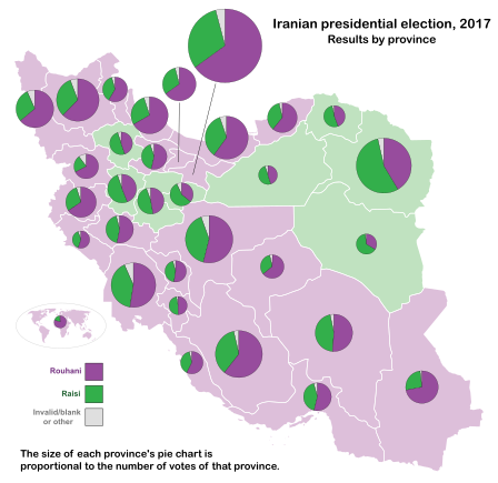 Результаты президентских выборов в Иране 2017 года по провинциям. Размер каждой круговой диаграммы пропорционален общему количеству голосов в каждой провинции
