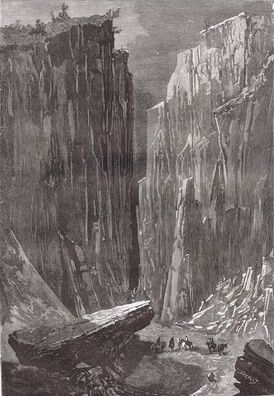 Ущелье Железные ворота, дорога к Дербенту. Гравюра Шарля Барбана[fr] по рисунку Николая Каразина. 1881